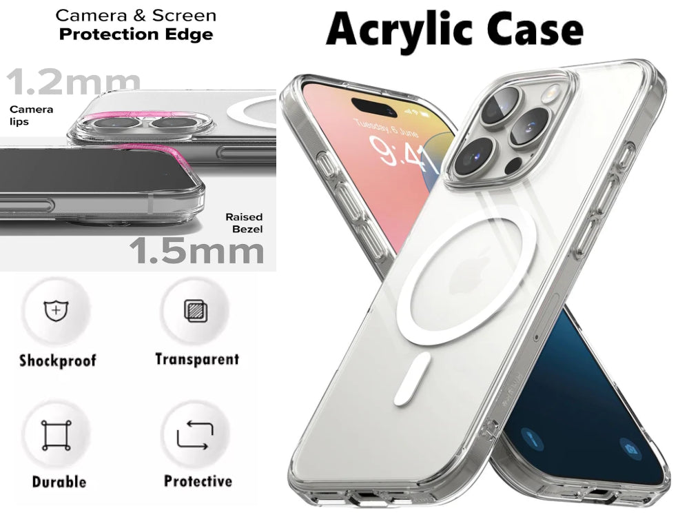 Shockproof Magnetic Magsafe clear Acrylic case for iPhone 16, PRO, Pro Max, Plus